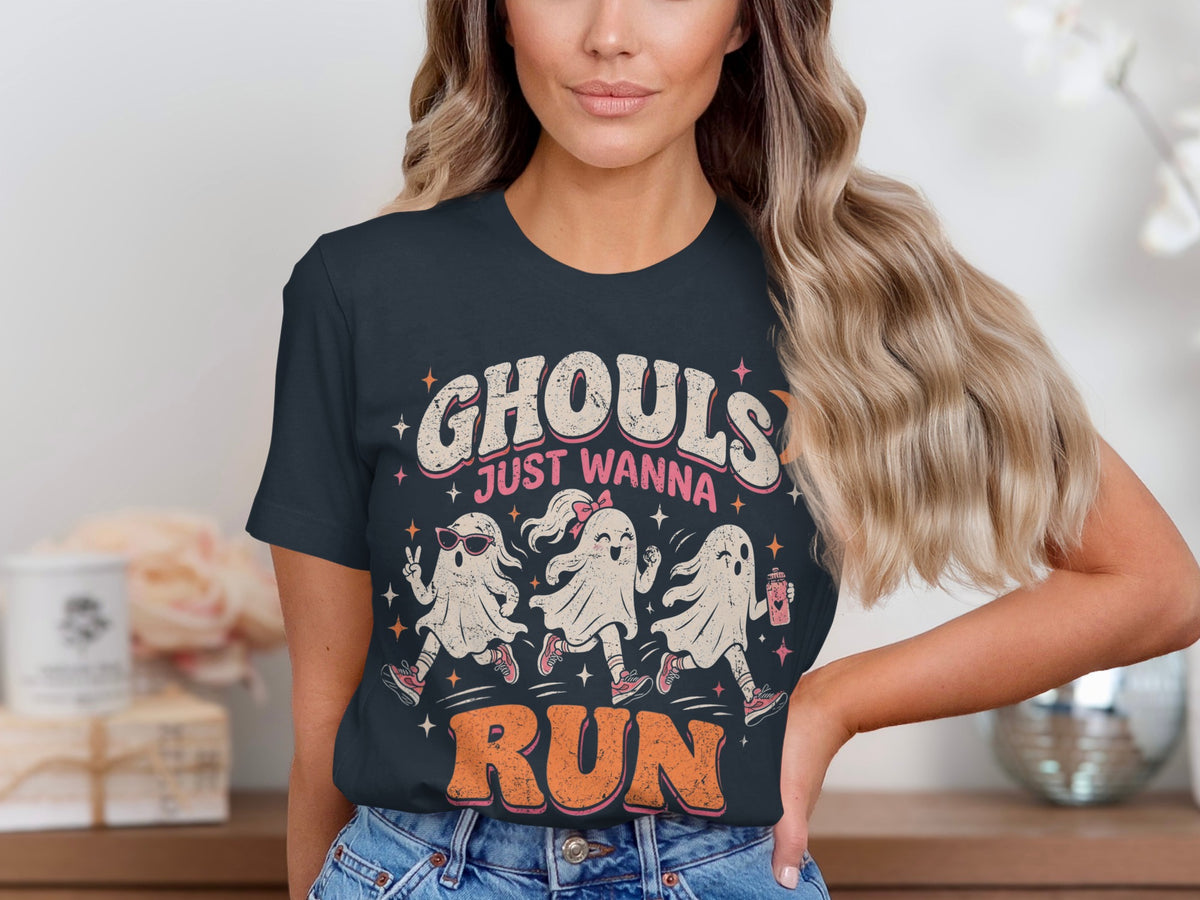 Ghouls just wanna run graphic with three running ghosts on a t-shirt.