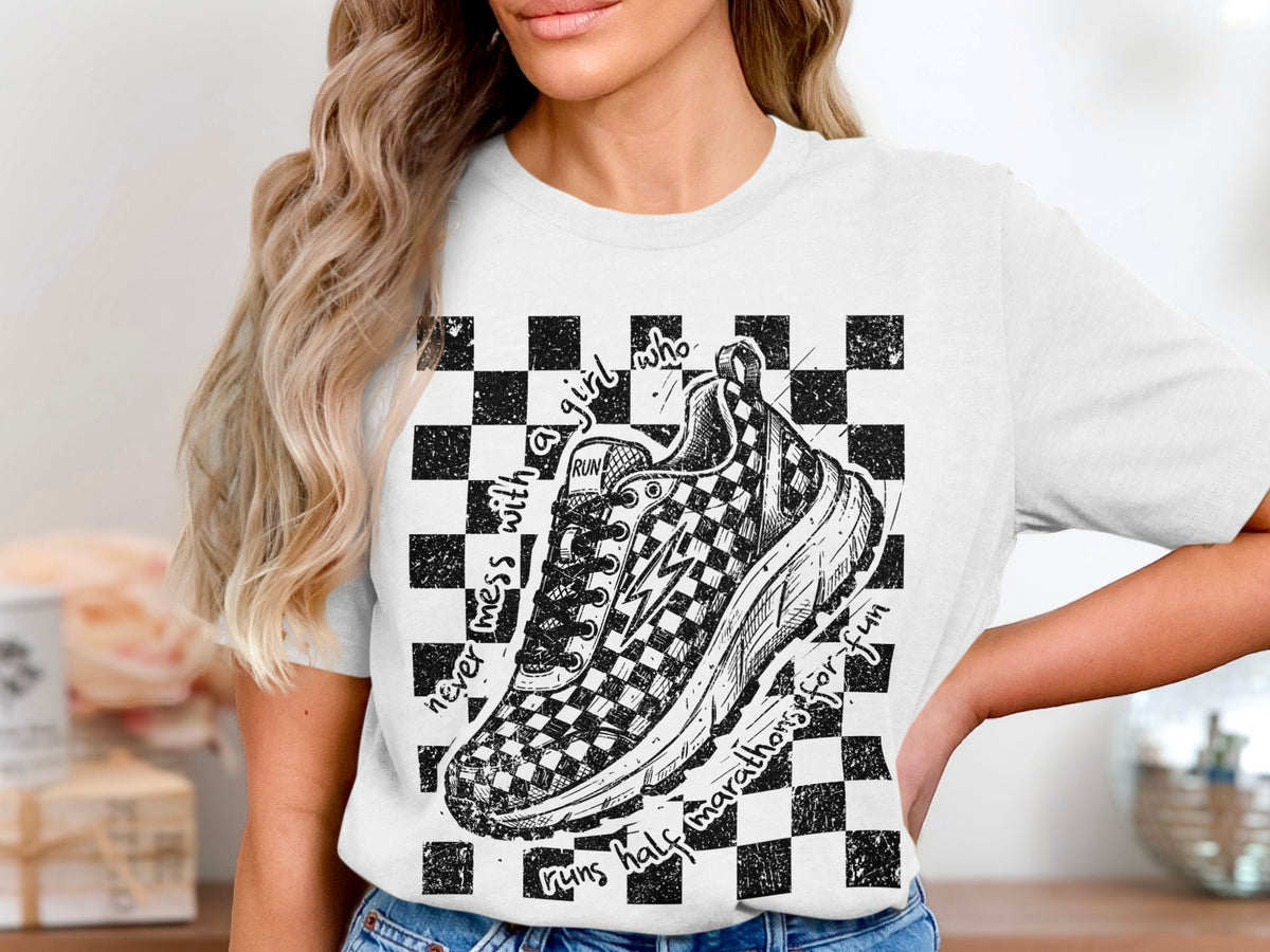 T-shirt graphic of a checkered running shoe with text about running.