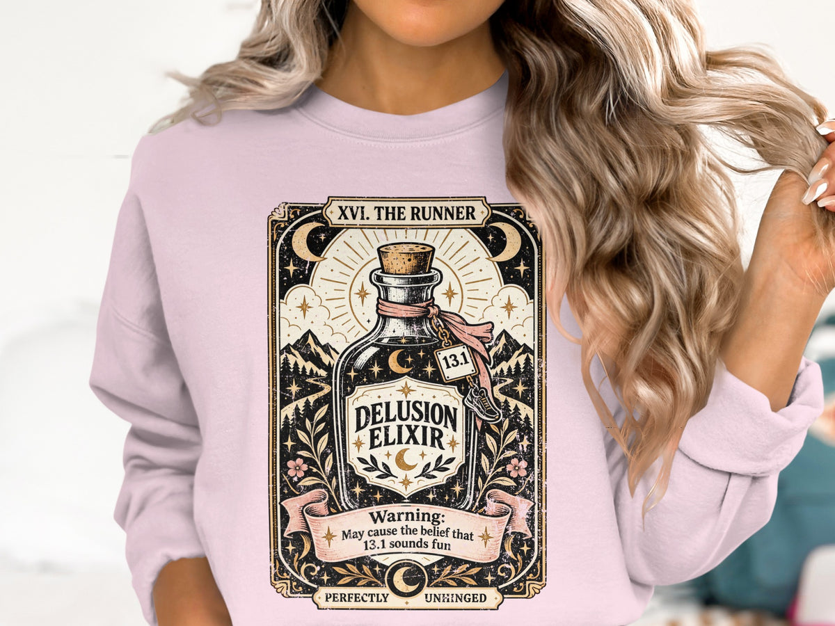 Graphic with "Delusion Elixir" bottle, runner's tag, mountains, moon, and stars.