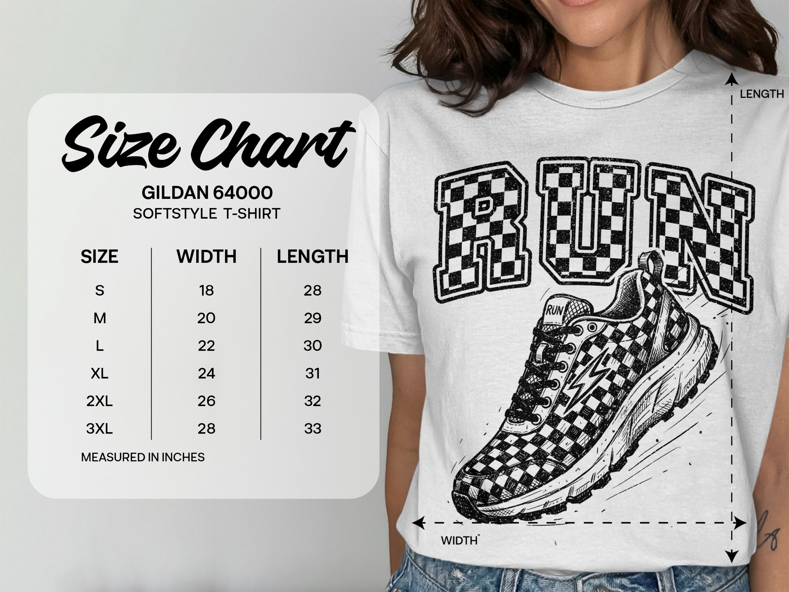 Gildan 64000 Softstyle T-Shirt size chart with width and length measurements in inches.