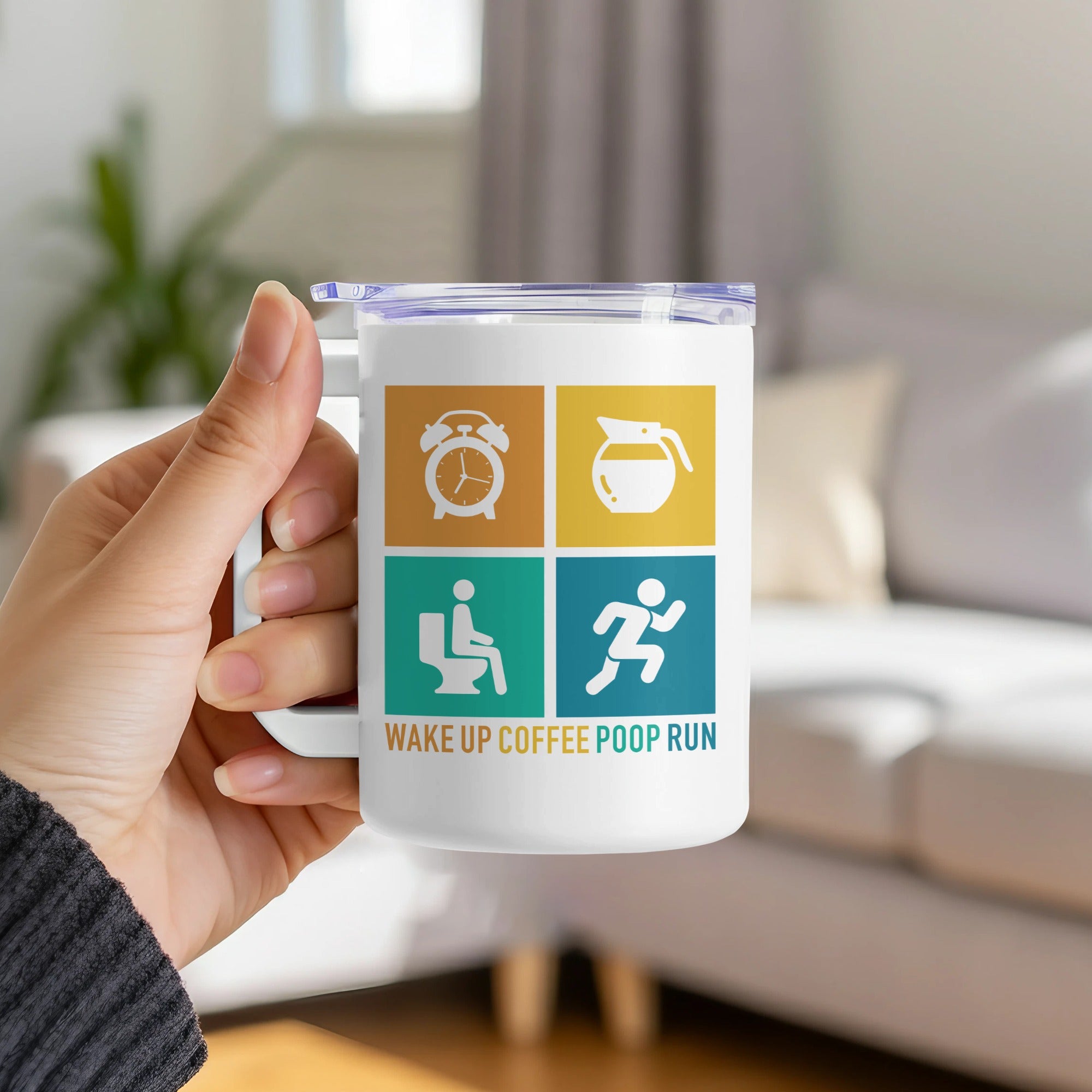 White mug with alarm clock, coffee pot, toilet, and runner icons above text.