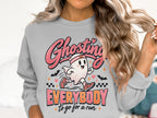 Ghosting everybody to go for a run Halloween graphic on a gray sweatshirt.