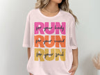 White t-shirt with "RUN for your body, RUN for your mind, RUN for your soul" text.