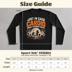 Sport-Tek ST350LS long sleeve tee size guide with chest and length measurements.
