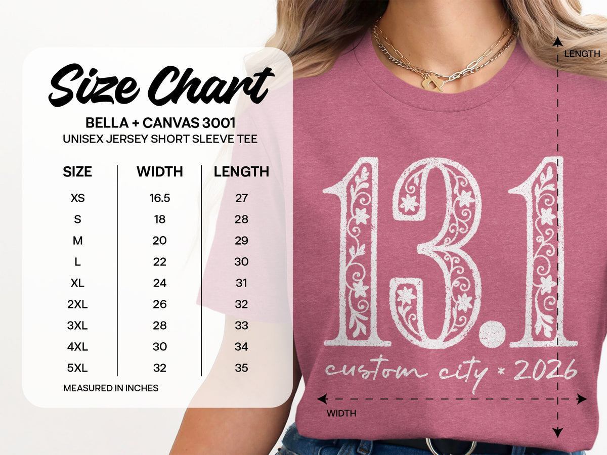 Size chart for Bella + Canvas 3001 Unisex Jersey Short Sleeve Tee.