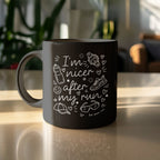 Black mug with white text and drawings: "I'm nicer after my run."