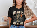 Black t-shirt with "No Guts All Glory Running From My Problems" text and zombie graphic.