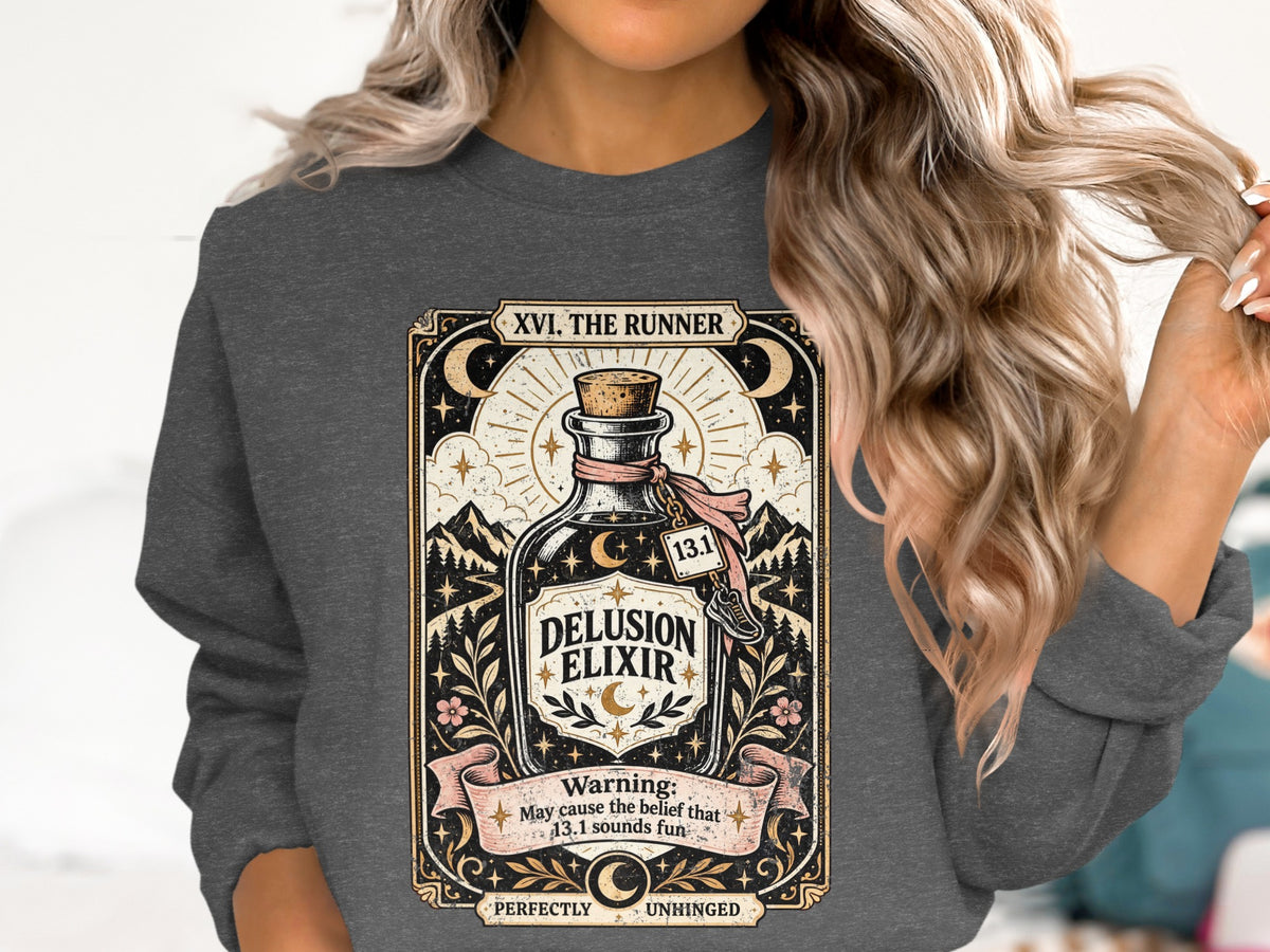 Delusion Elixir with "XVI. The Runner" and "Perfectly Unhinged" text.