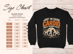 Gildan 18000 Heavy Blend sweatshirt size chart with graphic of runner and zombies.