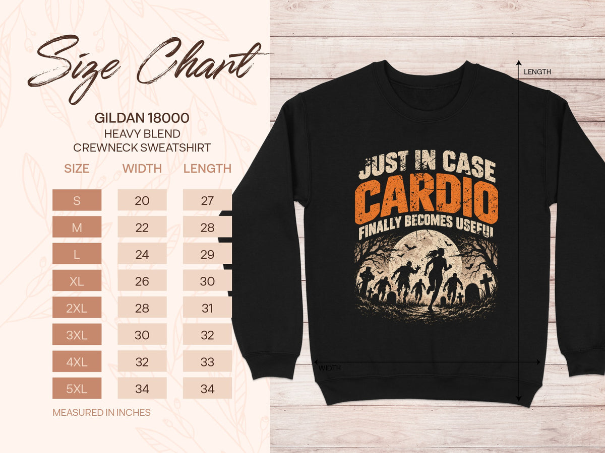 Gildan 18000 Heavy Blend sweatshirt size chart with graphic of runner and zombies.