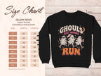 Gildan 18000 heavy blend crewneck sweatshirt size chart with Halloween graphic.