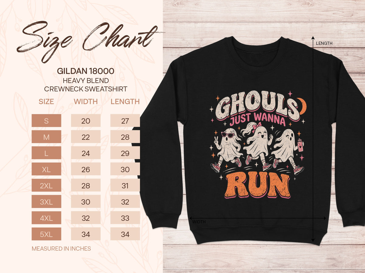 Gildan 18000 heavy blend crewneck sweatshirt size chart with Halloween graphic.