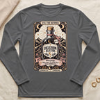 Delusion Elixir graphic with "XVI. THE RUNNER" and warning text on shirt.