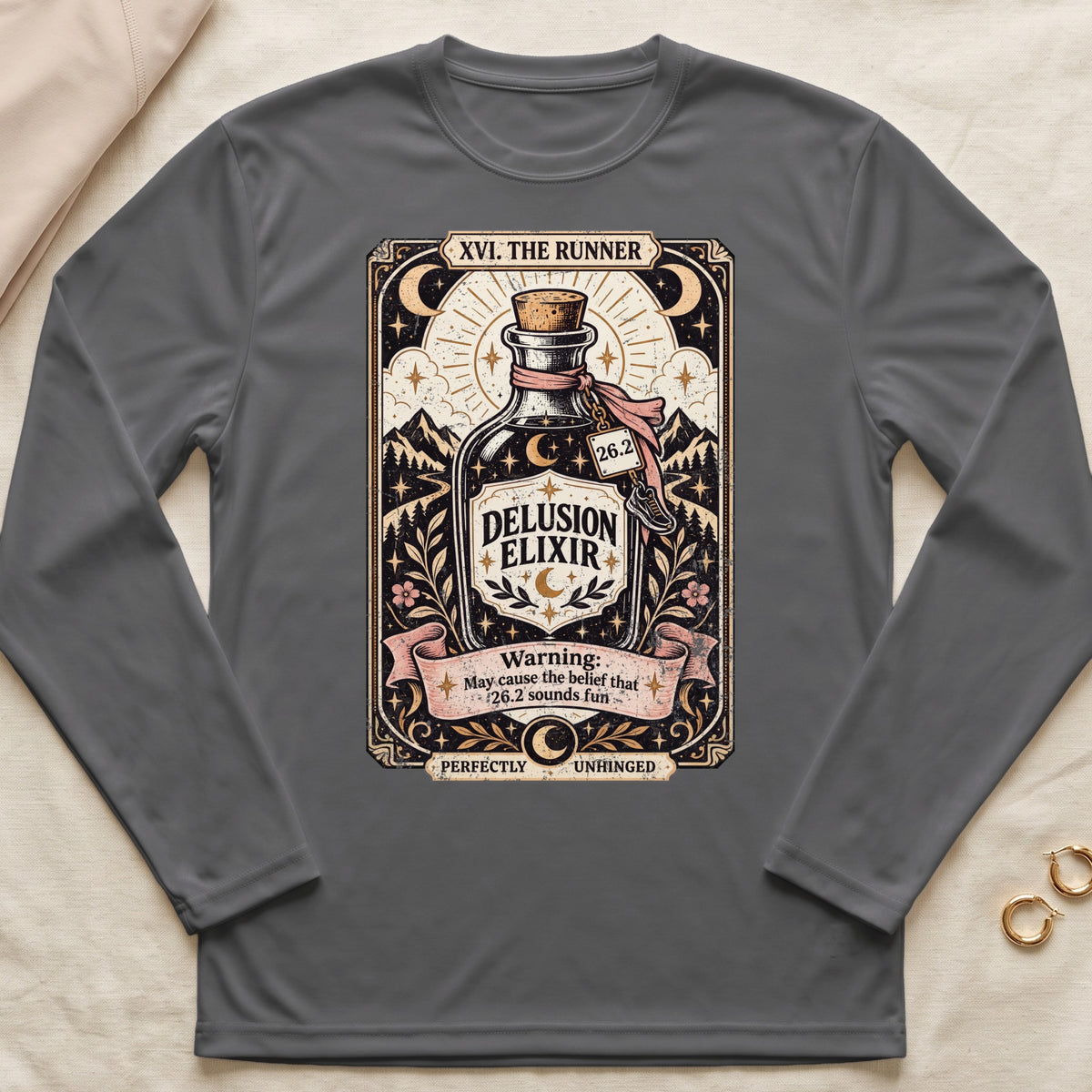 Delusion Elixir graphic with "XVI. THE RUNNER" and warning text on shirt.
