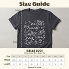 Dark grey BELLA 3001 t-shirt with white graphic "I'm nicer after my run" and size guide.