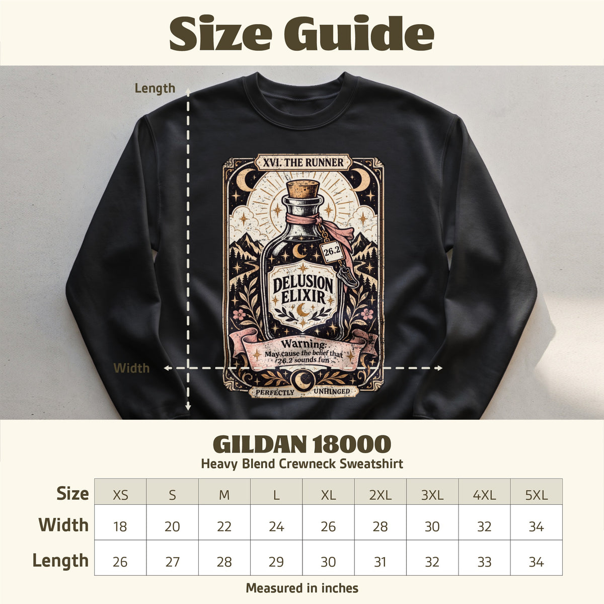 Gildan 18000 black sweatshirt with "Delusion Elixir" tarot card design.