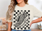 Sketch of a checkered running shoe with text "never mess with a girl who runs marathons for fun."
