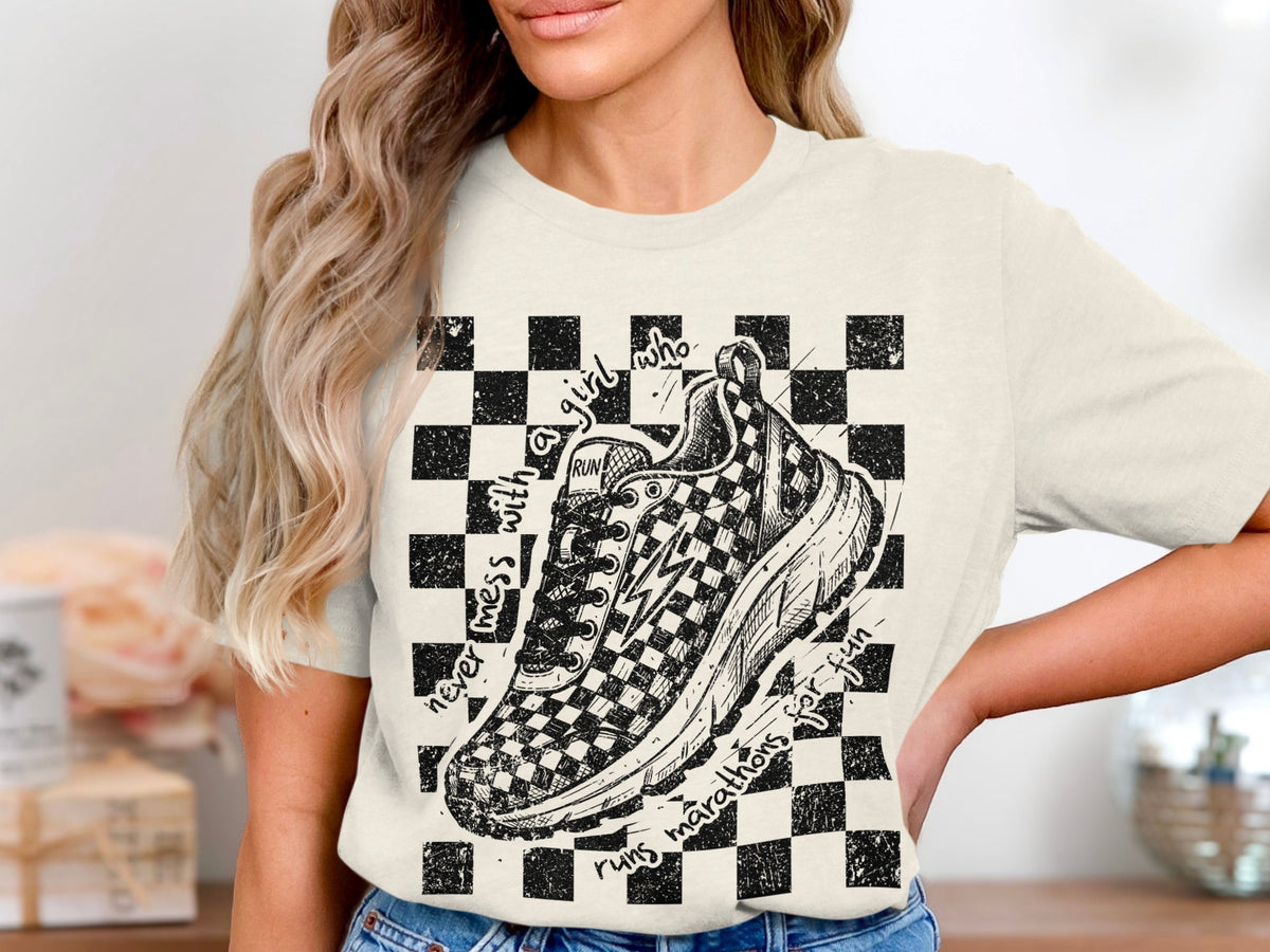 Sketch of a checkered running shoe with text "never mess with a girl who runs marathons for fun."