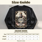 Black Gildan 18000 sweatshirt with "Delusion Elixir" design and size chart.