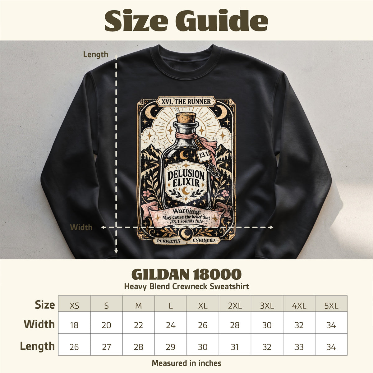 Black Gildan 18000 sweatshirt with "Delusion Elixir" design and size chart.