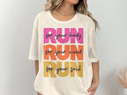 Cream t-shirt with stacked text: RUN for your body, RUN for your mind, RUN for your soul.