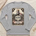 Grey long-sleeve shirt with "Delusion Elixir" and runner-themed graphic.