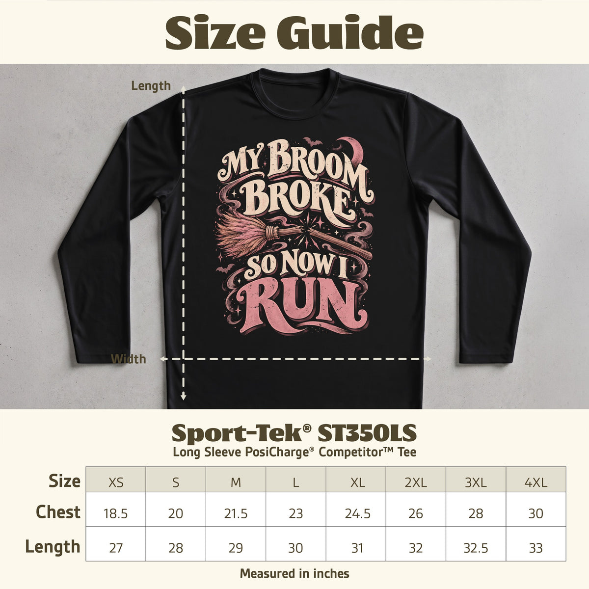 Size guide for Sport-Tek ST350LS Long Sleeve PosiCharge Competitor Tee.