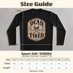 Black long sleeve tee with "Dead Tired" skull graphic, size chart included.