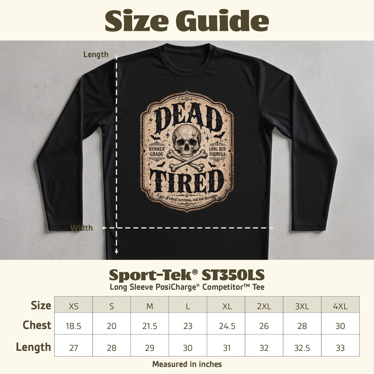 Black long sleeve tee with "Dead Tired" skull graphic, size chart included.