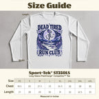 White long sleeve tee with skeleton running graphic, "Dead Tired Run Club", and size chart.