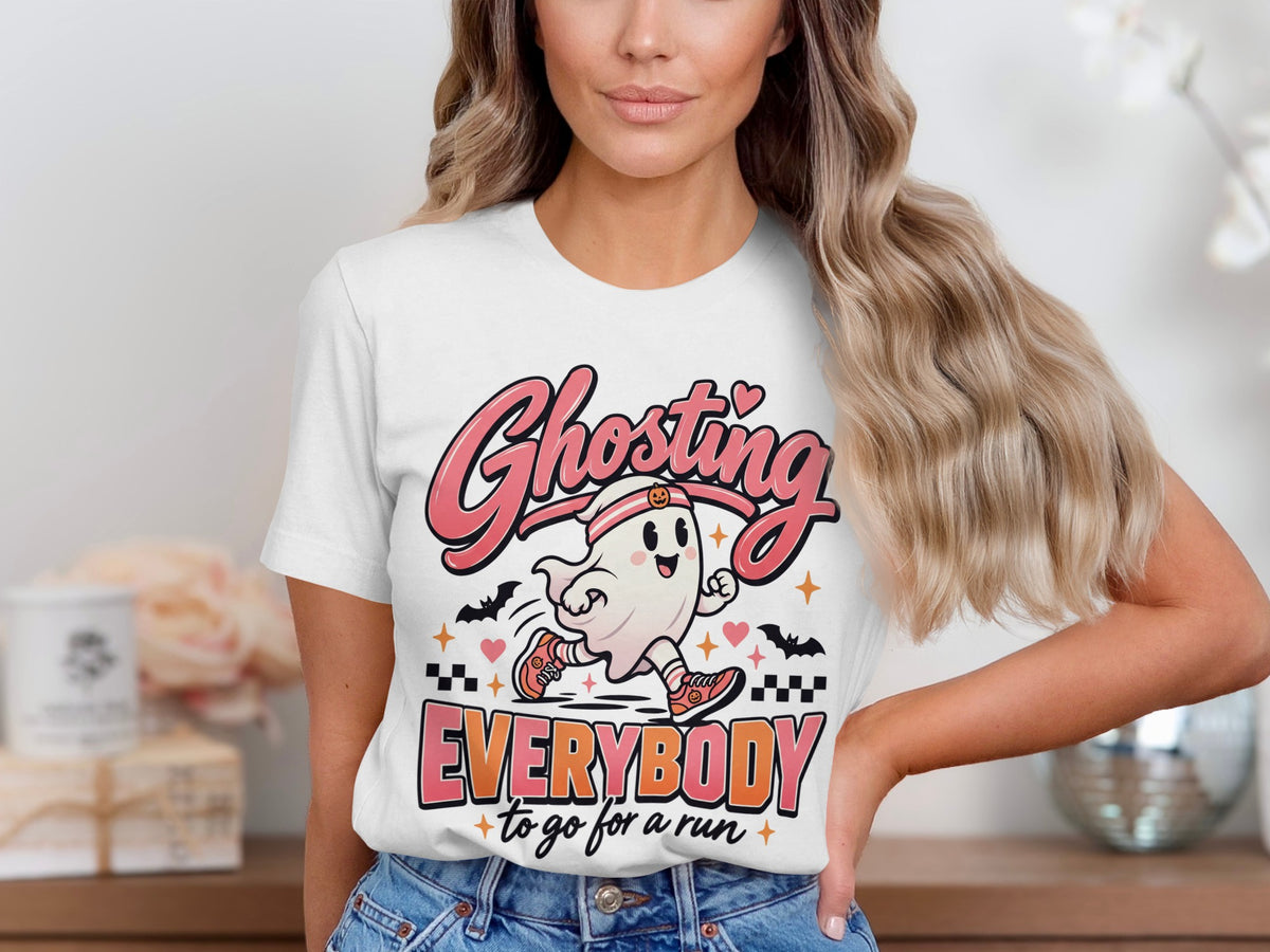 White t-shirt graphic: Ghosting Everybody to go for a run with a running ghost.