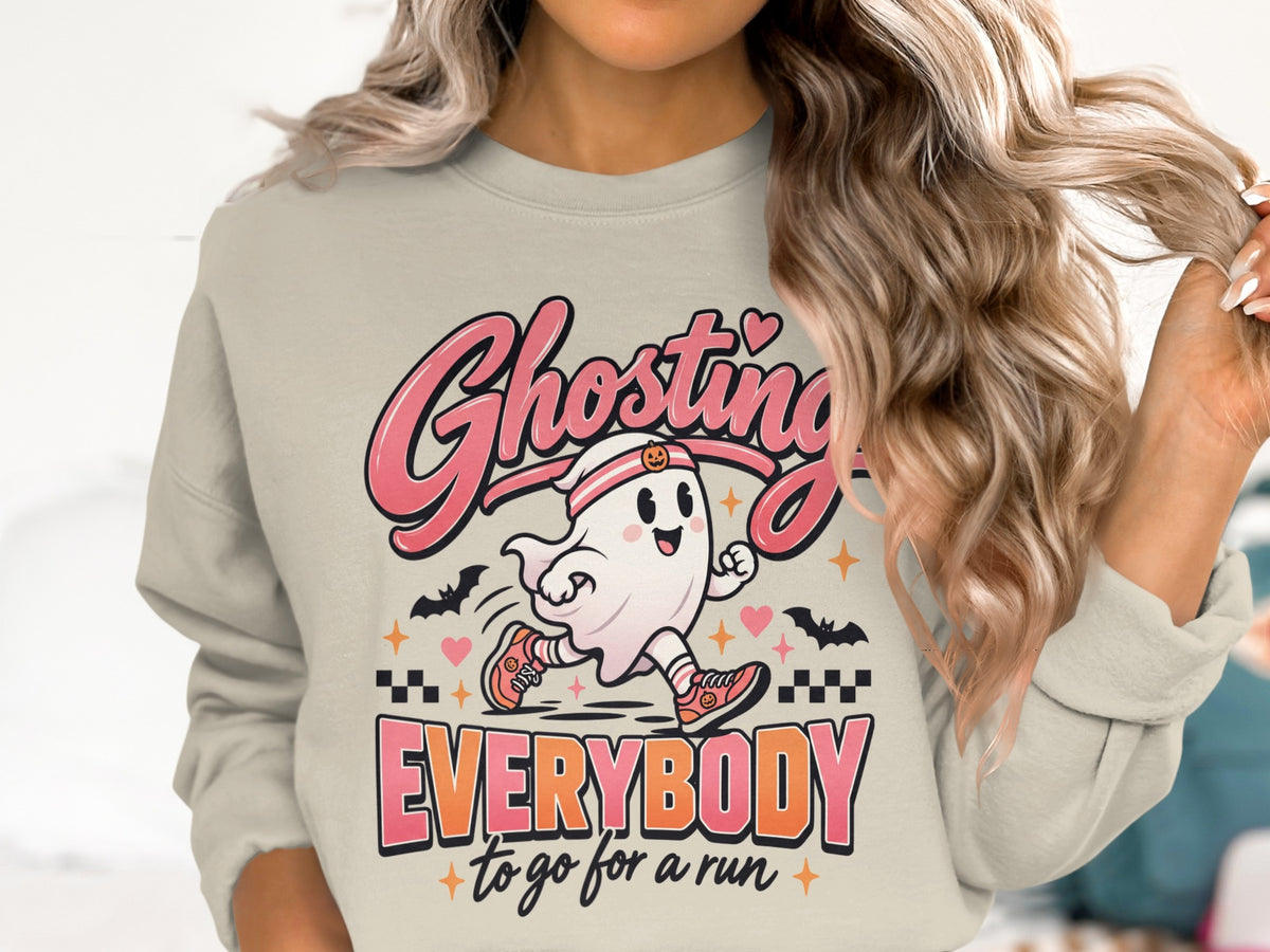 Ghosting Everybody to go for a run graphic with a running ghost.
