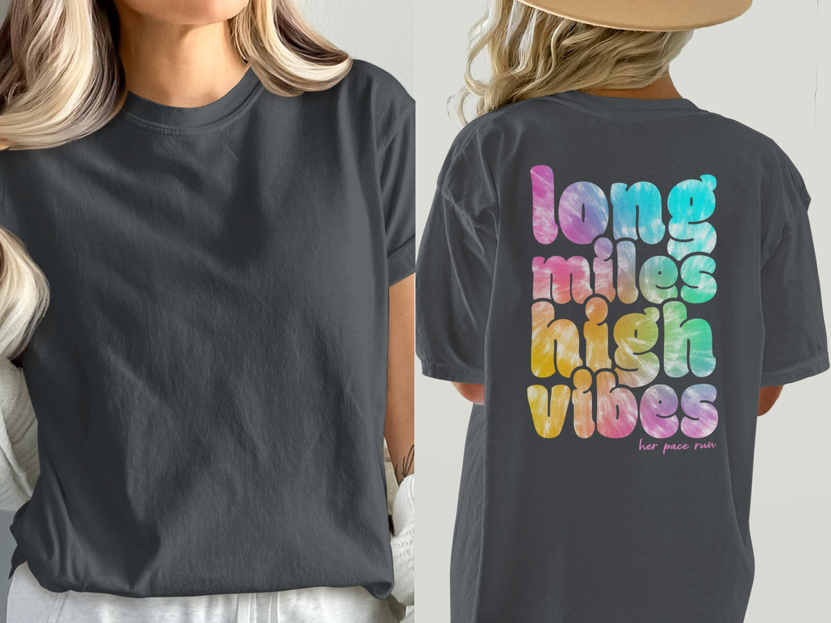 Dark gray t-shirt on the left, back view on the right with tie-dye text.