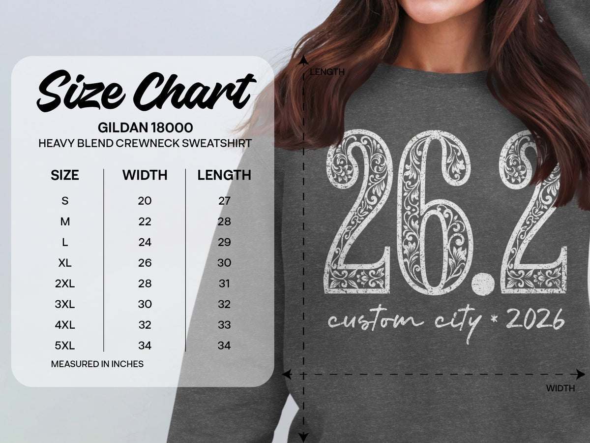 Size chart for Gildan 18000 heavy blend crewneck sweatshirt with measurements.