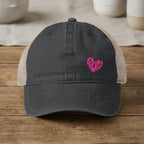 Dark grey trucker hat with pink "RUN" heart logo on the front.