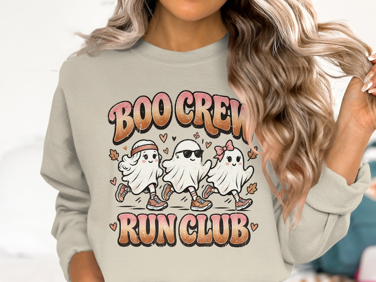 "Boo Crew Run Club" text above three cartoon ghosts running with hearts and leaves.