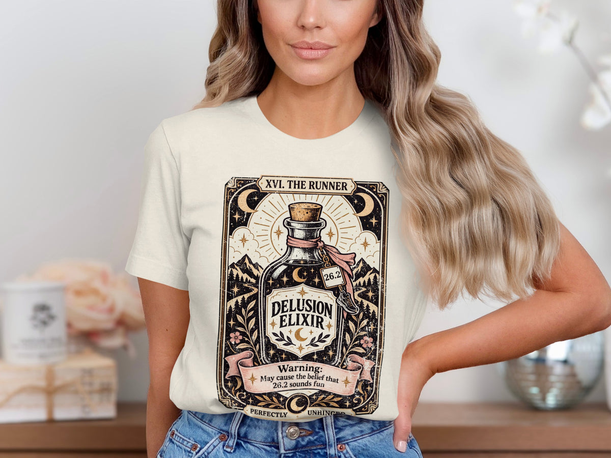 T-shirt with "Delusion Elixir" bottle graphic, "XVI. The Runner" and warning text.