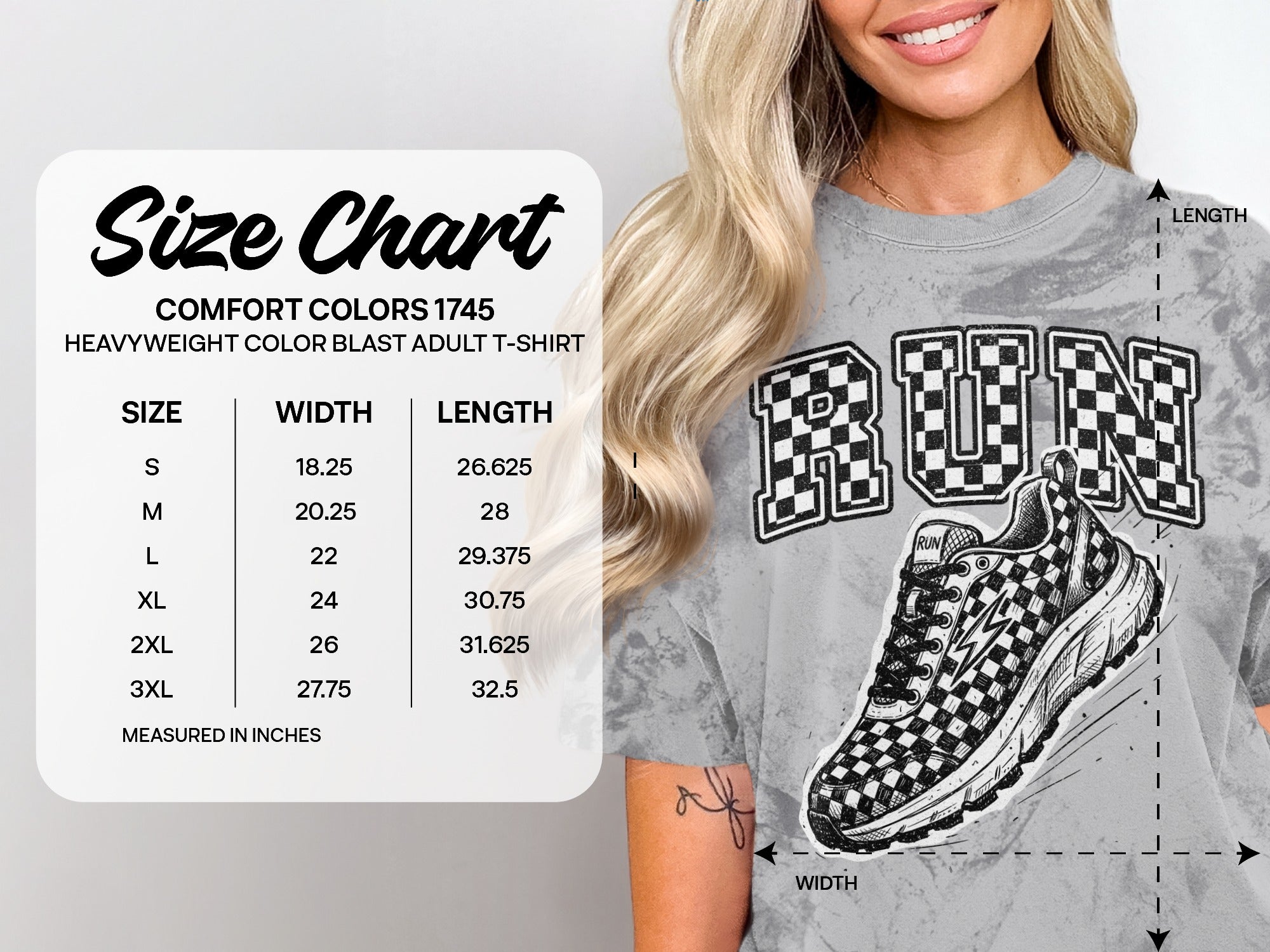 Comfort Colors 1745 size chart with width and length measurements for adult t-shirts.