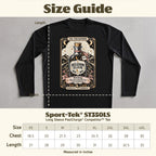Black long sleeve t-shirt with "Delusion Elixir" graphic and size chart.