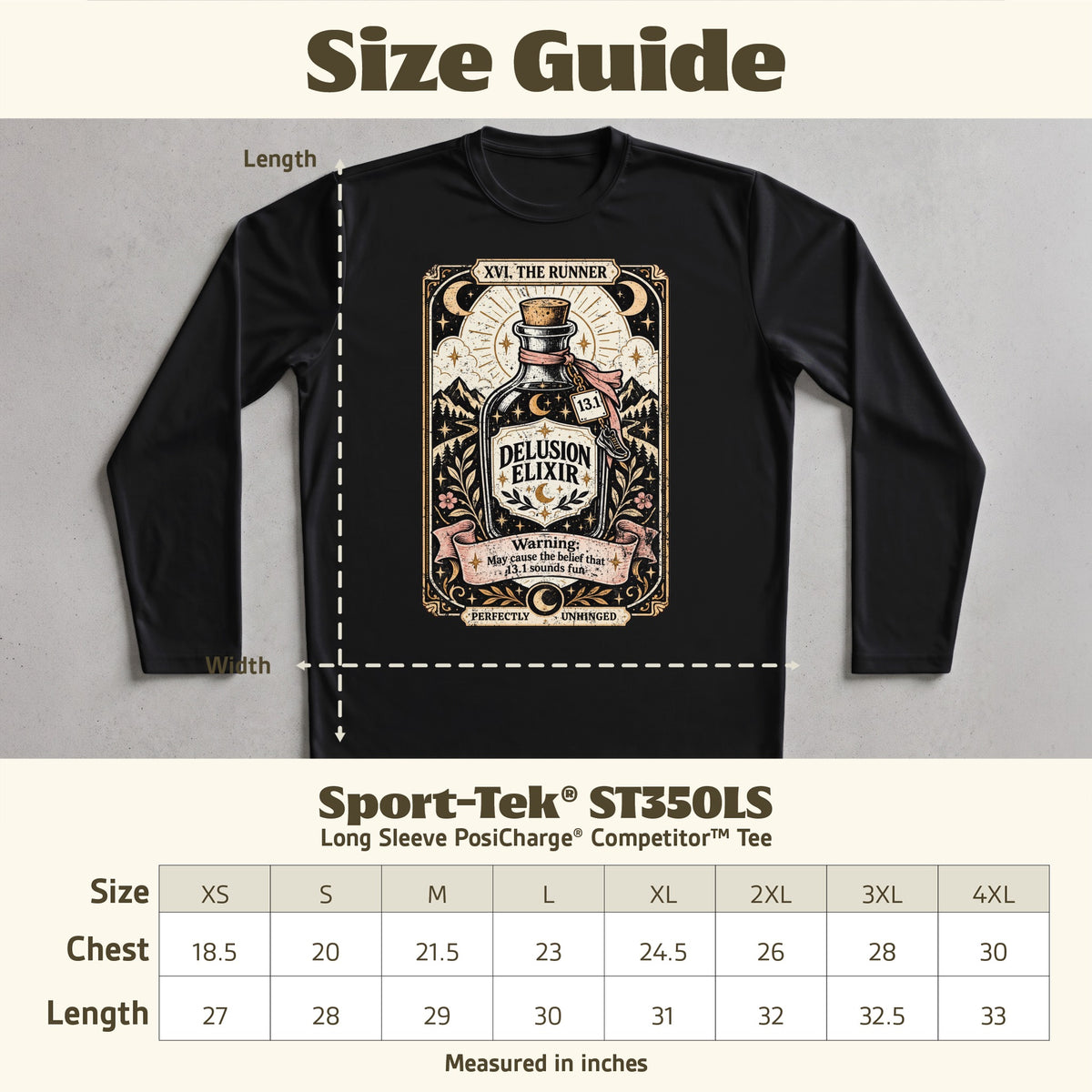 Black long sleeve t-shirt with "Delusion Elixir" graphic and size chart.