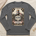 Delusion Elixir design on a gray long-sleeve shirt with "The Runner" and warning text.