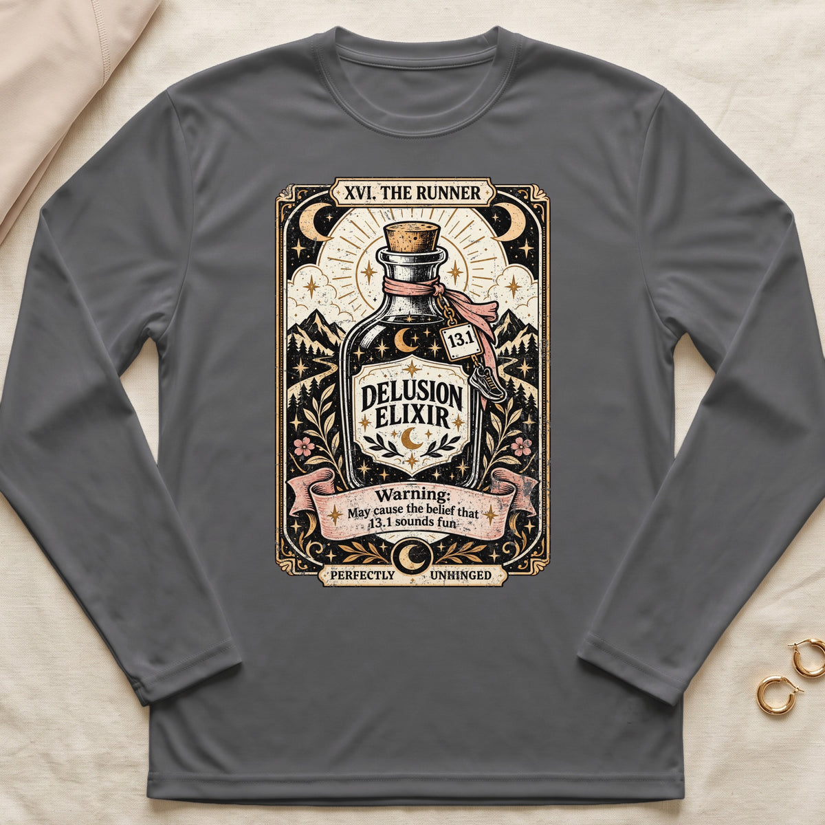 Delusion Elixir design on a gray long-sleeve shirt with "The Runner" and warning text.
