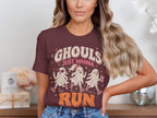 T-shirt graphic with three cartoon ghosts running and text that reads "GHOULS JUST WANNA RUN."
