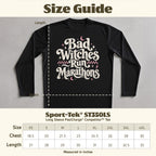 Size guide for black long sleeve tee with "Bad Witches Run Marathons" graphic.