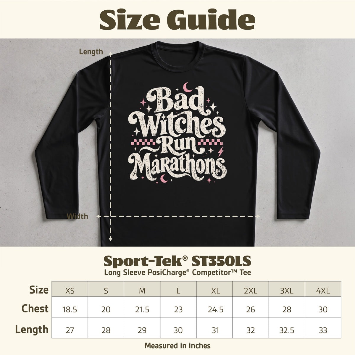 Size guide for black long sleeve tee with "Bad Witches Run Marathons" graphic.
