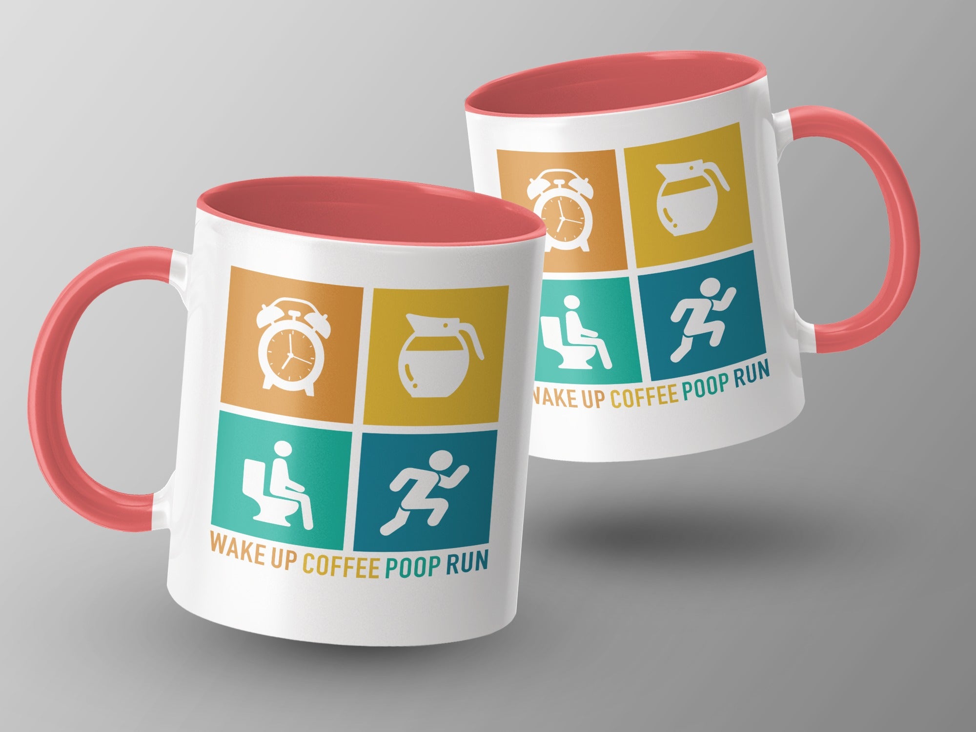 White mugs with coral handles, featuring four icons and "Wake Up Coffee Poop Run" text.