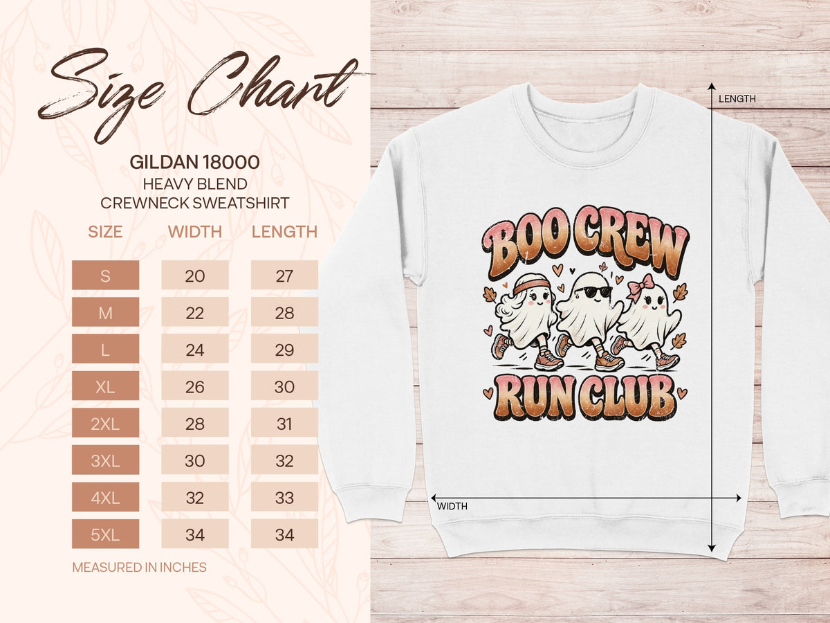 Size chart for Gildan 18000 Heavy Blend crewneck sweatshirt with "Boo Crew Run Club" graphic.