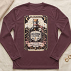 "Delusion Elixir" design with marathon runner theme on a maroon long-sleeved shirt.