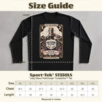 Size guide for a black Sport-Tek long sleeve tee with "Delusion Elixir" graphic.