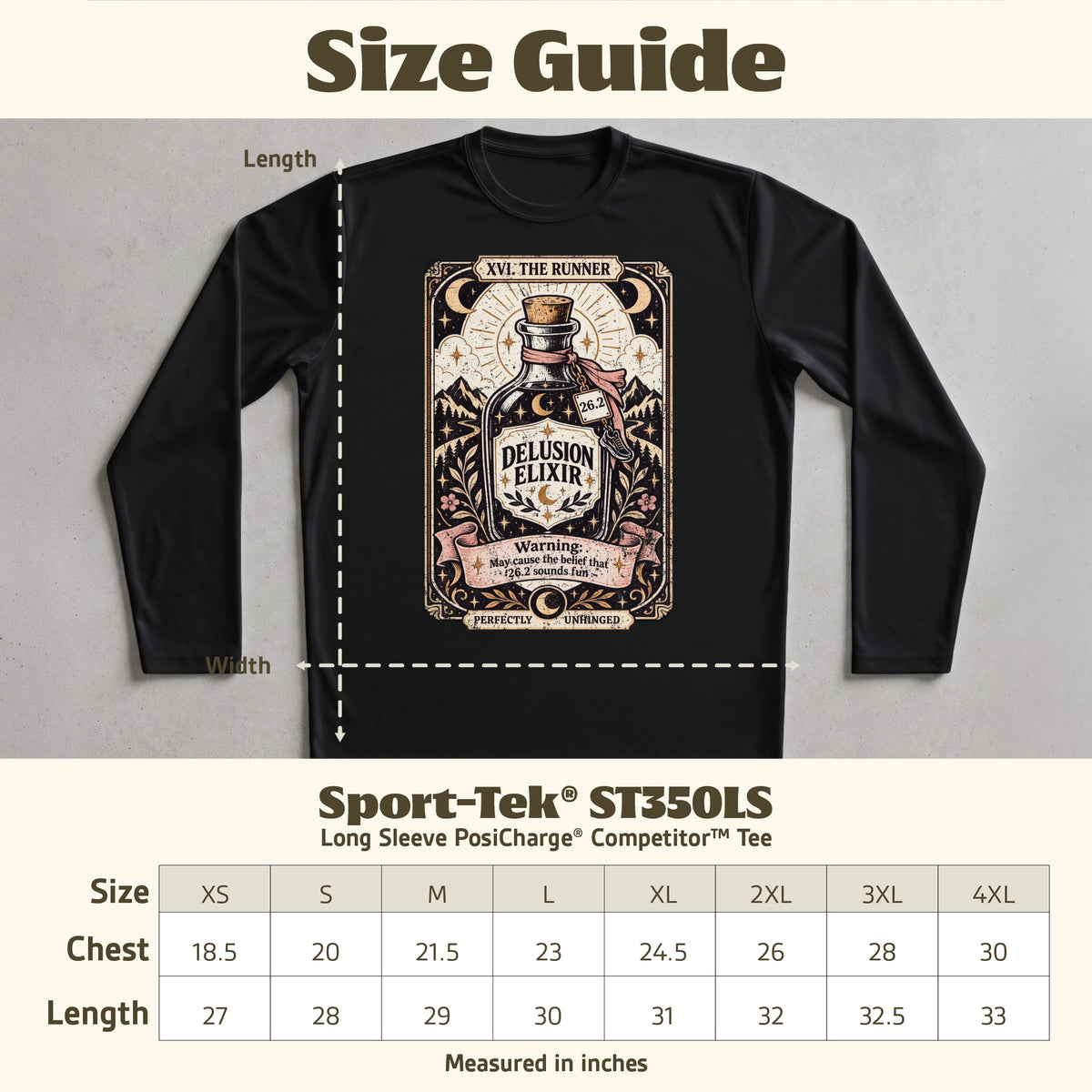 Size guide for a black Sport-Tek long sleeve tee with "Delusion Elixir" graphic.